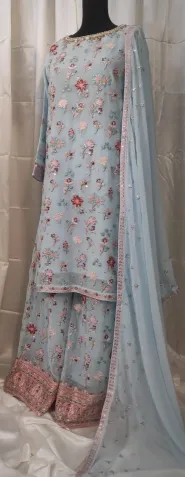 Pakistani Original Boutique Luxury Chiffon Stitched 3 Pcs _ Powder Blue 